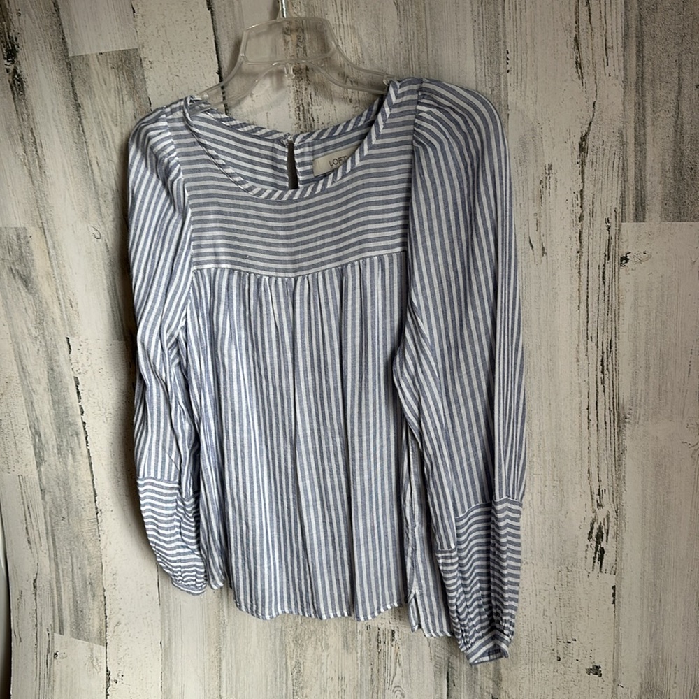 AA38 blue white stripe blouse loft MP petite - Picture 2 of 5